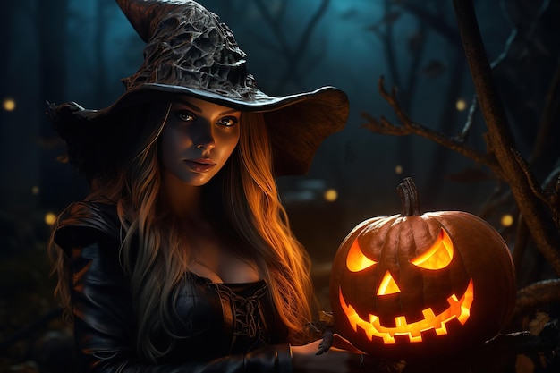 Strega di Halloween con una zucca intagliata e luci magiche in una foresta oscura