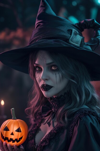Strega donna Halloween con espressione facciale spaventosa