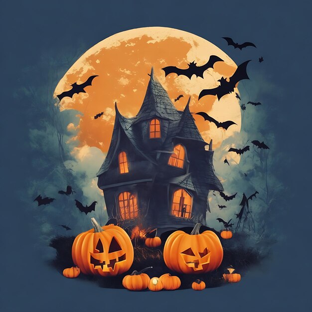 Strega Haunted House Zucche Pipistrelli Design delle vacanze di Halloween Design spaventoso della maglietta con zucca