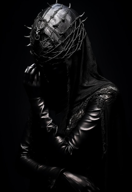 Strega in costume nero cappuccio Accessori in metallo dark fantasy art scarsa luce mascherata con gli occhi bendati