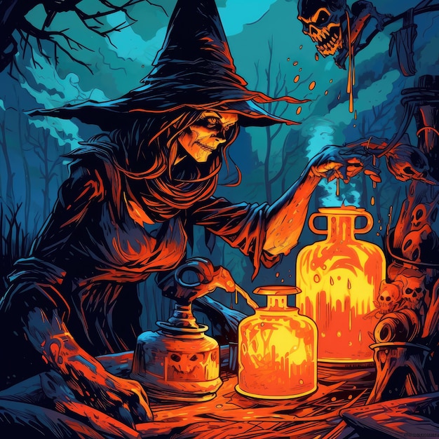 strega maga ritratto halloween fantasy illustrazione poster artistico arte magica raccapricciante spaventoso orrore epico