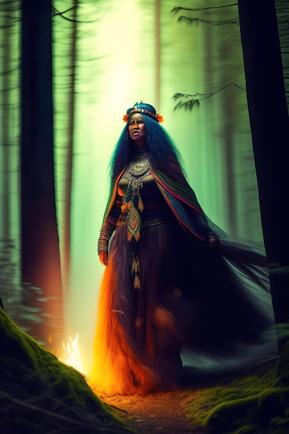 Strega sciamana che evoca gli spiriti in una misteriosa foresta notturna