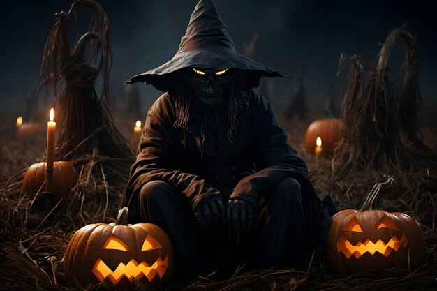 strega seduta in un campo di mais accanto a una zucca di halloween