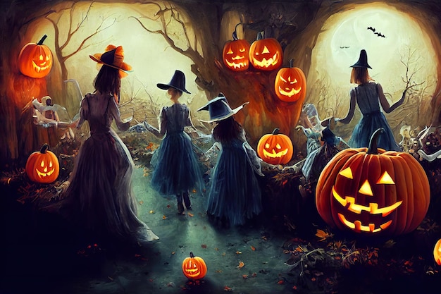 Strega spettrale con illustrazione di arte di concetto di zucca di Halloween