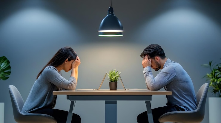 Stressed business people having headache working late using laptops in office at night