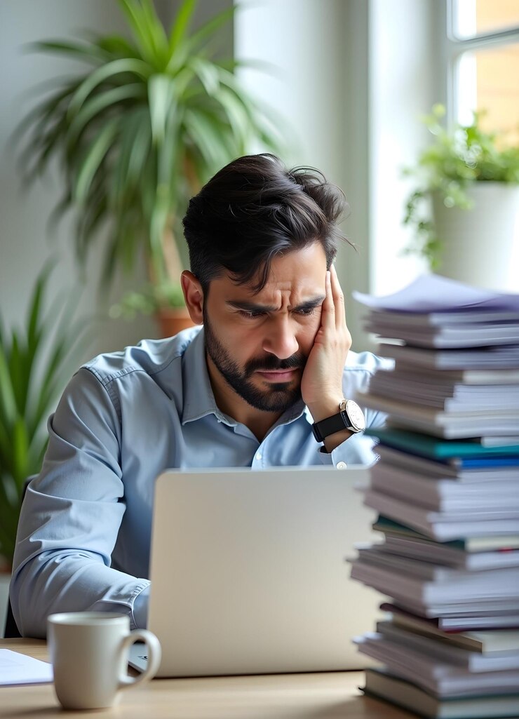 Stressed Office Worker Overwhelmed by Workload
