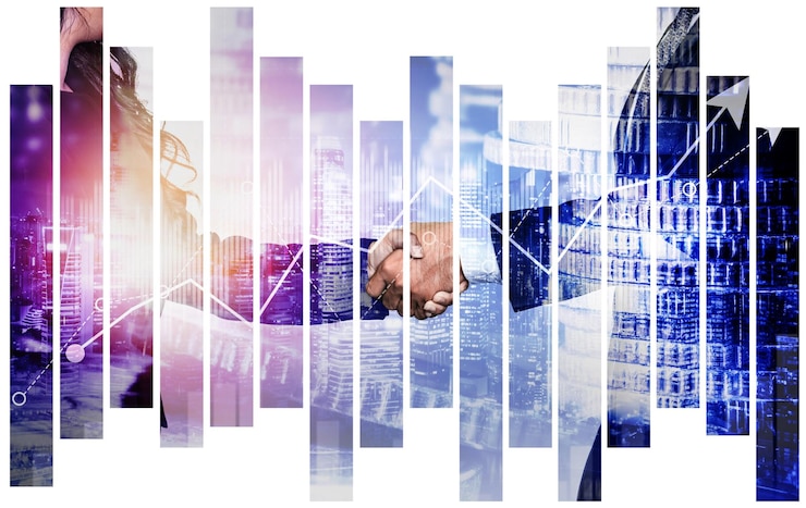 Foto stretta di mano commerciale sulla prosperità finanziaria e sullo sfondo delle attività tecnologiche monetarie