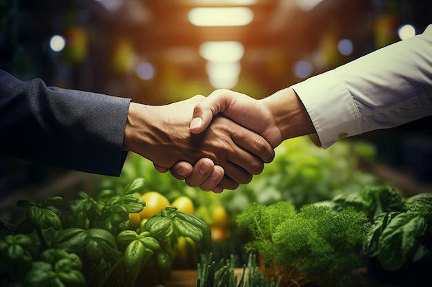 Stretta di mano dei partner commerciali con l'agricoltore AI