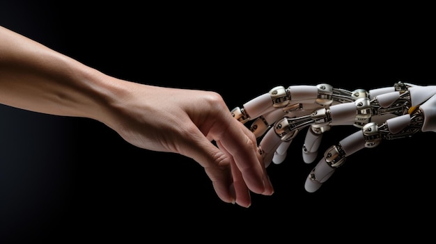 Stretta di mano della mano umana e della mano del robot Collaborazione tra uomo e macchina Isolato