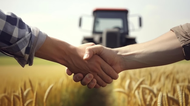 Stretta di mano di uomini in camicia sullo sfondo di un campo di grano con un trattore