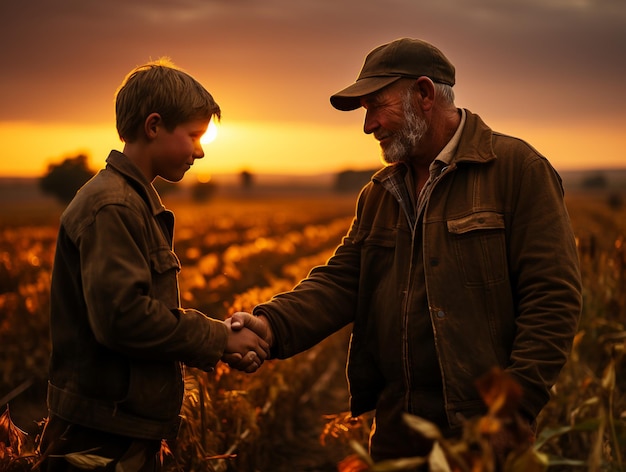 Stretta di mano tra nonno e nipote Concetto agricolo