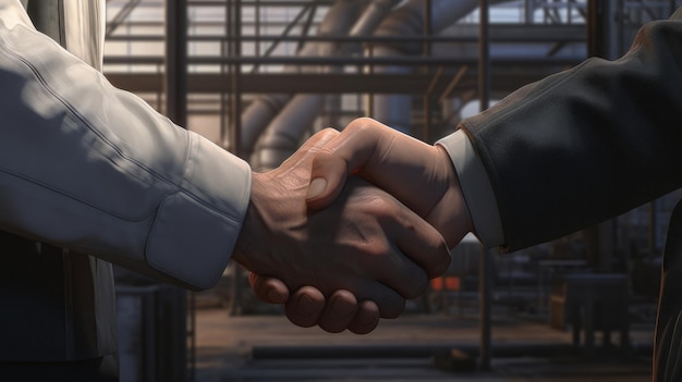 stretta di mano tra uomini in giacche di pelle sullo sfondo della fabbrica industriale all'aperto Primo piano