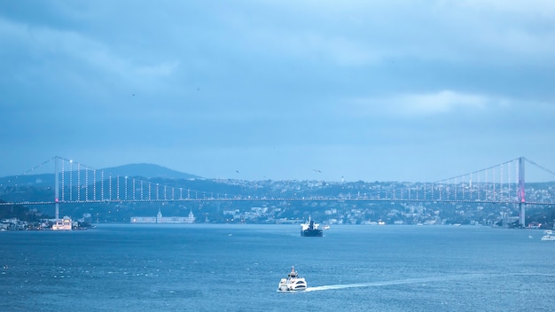 Stretto del Bosforo con navi galleggianti in esso e un ponte illuminato sull'acqua, nebbia, tempo nuvoloso, Istanbul, Turchia