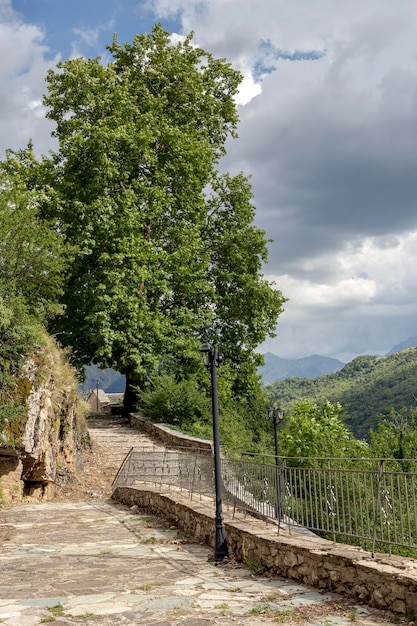 Stretto sentiero lastricato in montagna