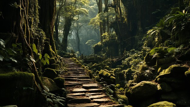 Stretto sentiero terroso attraverso la fitta foresta