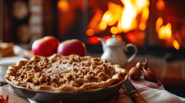 Streusel Topped Apple Pie contro un camino d'inverno