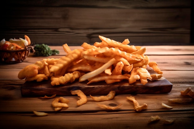 Strisce di pesce fritte croccanti con patatine fritte su tavolo in legno rustico AI generato
