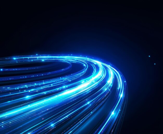 Striscia di luce blu linea di velocità in fibra ottica sfondo futuristico per la tecnologia 5g o 6g wireless d