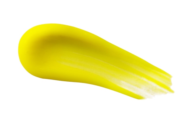 Striscio di colore astratto in gel giallo. Macchia gialla dei capelli della tintura isolata su fondo bianco