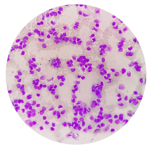 Striscio di sangue al microscopio che mostra leucemia linfoblastica cronica (LLC)