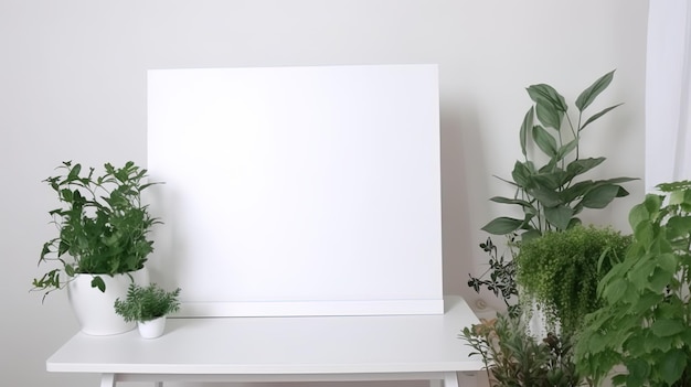 Striscione bianco vuoto con finto spazio bianco dell'insegna sullo spazio della parete delle piante per il testo
