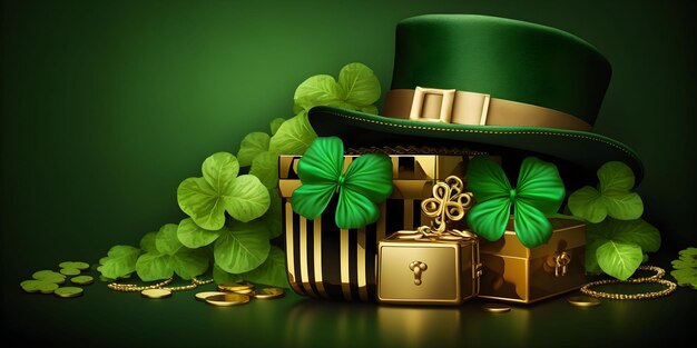 Striscione del giorno di San Patrizio con monete d'oro con cappello verde e foglie di trifoglio su sfondo verde Concetto di vacanza irlandese Copia spazio AI Generativo