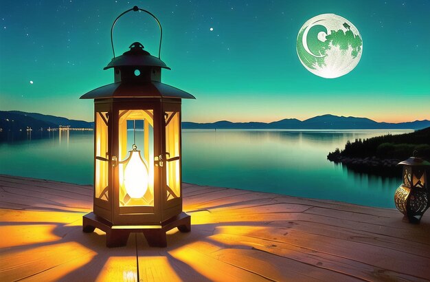 Striscione delle lanterne islamiche per il Ramadan Kareem Eid Mubarak Ai generato per il Ramadan islamico musulmano
