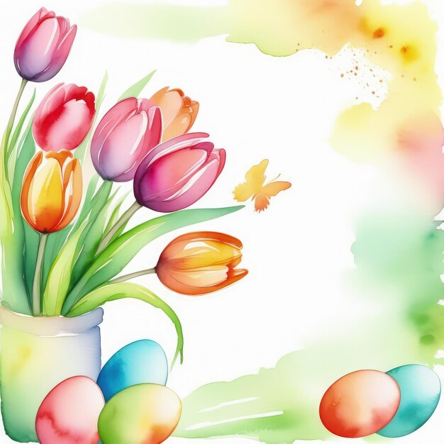 Striscione di celebrazione delle vacanze con tulipani colorati fiori primaverili e uova di Pasqua decorate a colori su uno sfondo chiaro Felice biglietto di auguri di Pasqua striscione di sfondo festivo Close Up Copy space