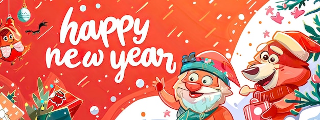 Striscione festivo per la celebrazione del nuovo anno con personaggi dei cartoni animati