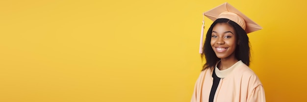 Striscione giallo con bella donna nera che indossa un cappello di laurea Studiare l'istruzione universitaria concetto di laureato Illustrazione dell'intelligenza artificiale generativa