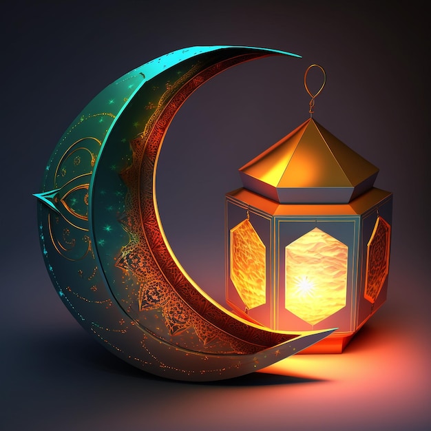 Striscione islamico per le vacanze del Ramadan con la luna della lanterna incandescente e il portale della finestra della moschea AI