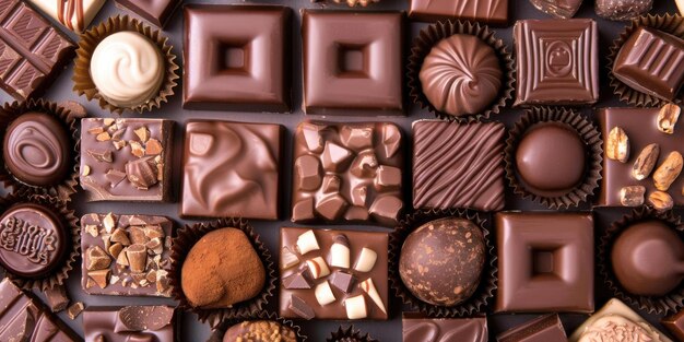striscione orizzontale diversi tipi di cioccolato e cioccolatini un sacco di dolci vista in primo piano fabbrica di cioccolate modello di produzione di ciocollato