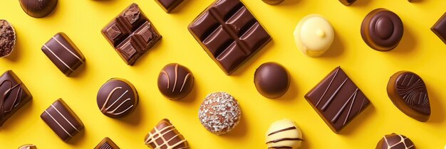 striscione orizzontale diversi tipi di cioccolato e cioccolatini un sacco di dolci vista superiore modello di sfondo giallo brillante