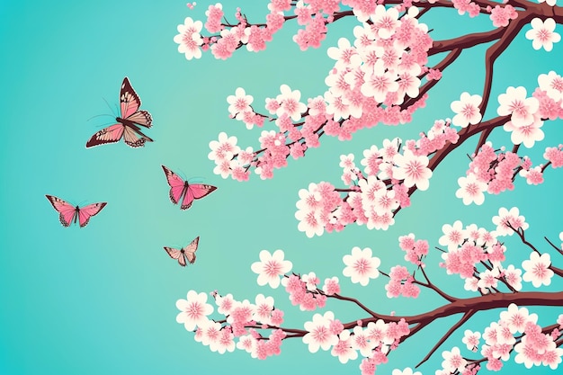 Striscione primaverile rami fioriti di ciliegio su uno sfondo azzurro cielo e farfalle all'aperto Sakura fiorisce in rosa un'affascinante scena primaverile che sembra un paesaggio e che
