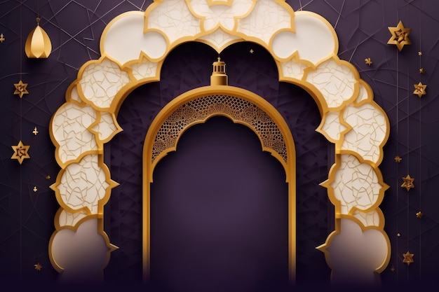 Striscione Ramadan Kareem con cornice della finestra araba 3D dorata su uno sfondo del cielo notturno con un bellissimo motivo arabesco Include nuvole di stelle a mezzaluna dorata e spazio di testo