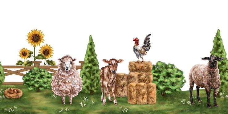 Foto striscione senza cuciture con paesaggio rurale e animali da fattoria per packaging design cartoline poster tessili adesivi