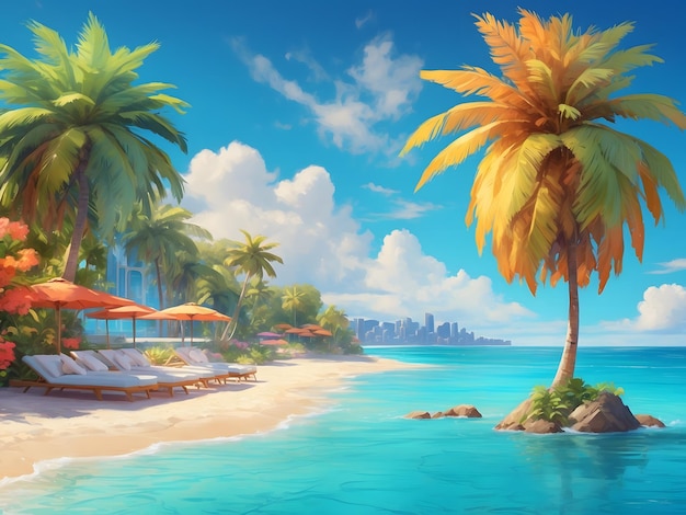 Striscione turistico vibrante e pittoresco con un paradiso di spiaggia tropicale di turchese cristallino