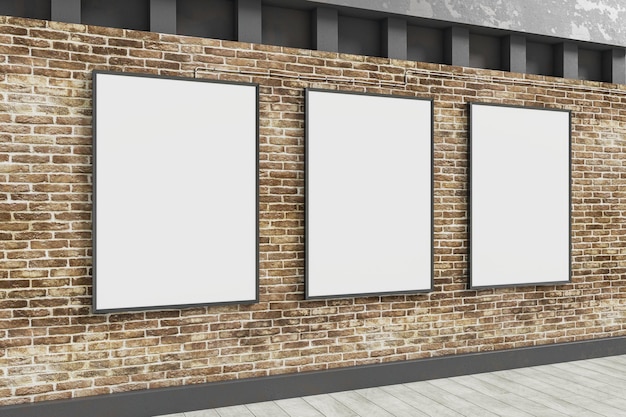 Striscioni bianchi puliti appesi su pareti esterne in mattoni con ombre e luce solare Billboard commerciale e pubblicitario concetto rendering 3D