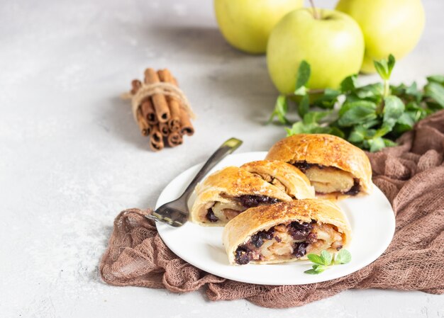 Strudel alle mele tradizionale con l'uva passa e la cannella su calcestruzzo grigio