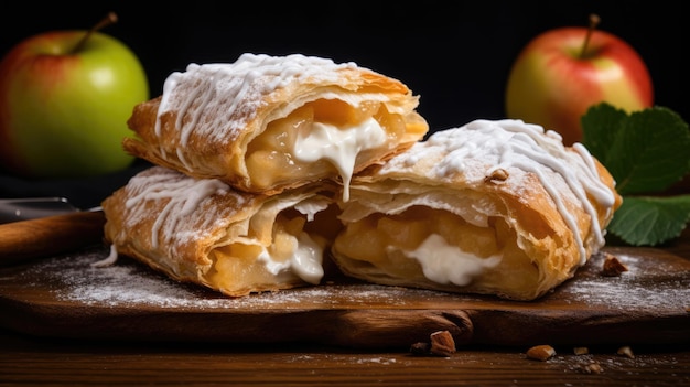 Strudel austriaco con menta e zucchero in polvere su un piatto Torta con mela