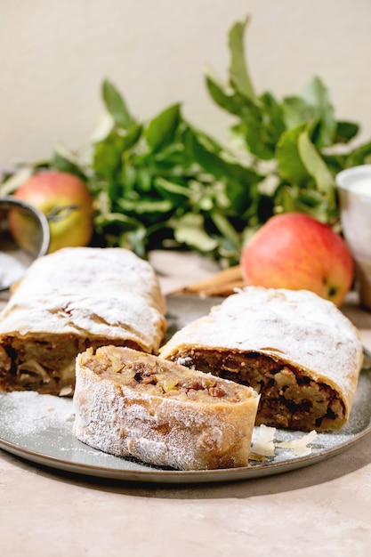 Strudel di mele classico a fette fatto in casa con zucchero a velo su piatto in ceramica con mele fresche, foglie verdi e bastoncini di cannella sopra. Avvicinamento