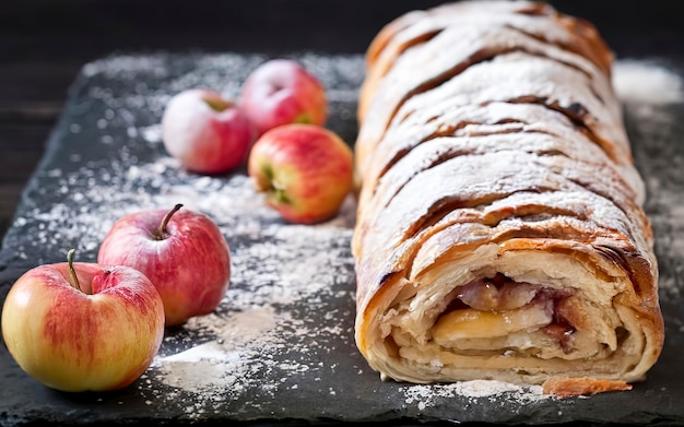 Strudel di mele su una lavagna di pietra