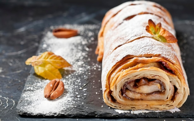 Strudel di mele su una lavagna di pietra