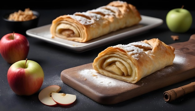 Strudel di pasticceria al forno con mela su sfondo nero