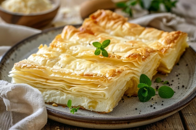 Strudel dolce con formaggio a crema su un piatto AI generativa