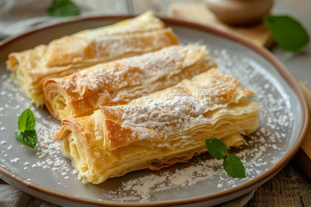 Strudel dolce con formaggio a crema su un piatto AI generativa