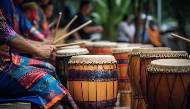 Strumenti a percussione fatti a mano suonati nei festival tradizionali generati da AI