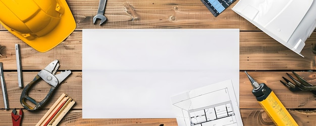 Strumenti da costruzione striscione striscione lavagna sfondo giallo legno lavagna bianca tavola legno b