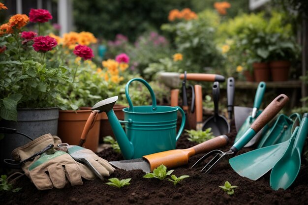 Strumenti da giardino come trovelle, bombole d'acqua e guanti sono posizionati vicino al letto del giardino