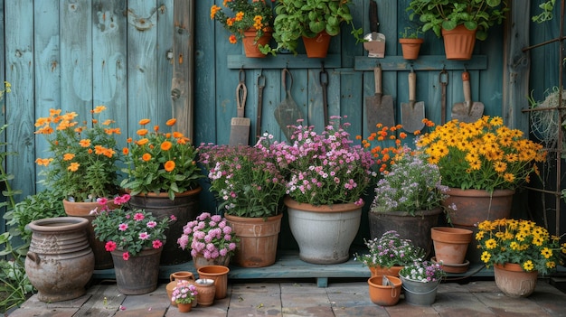 Strumenti da giardino e fiori sulla terrazza nel giardino